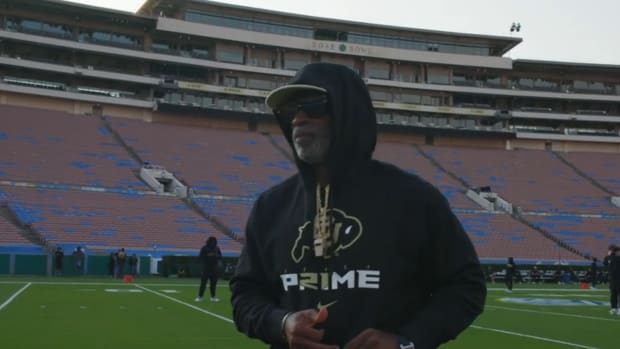 Deion Sanders on the field at the Rose Bowl on Oct. 27, 2023